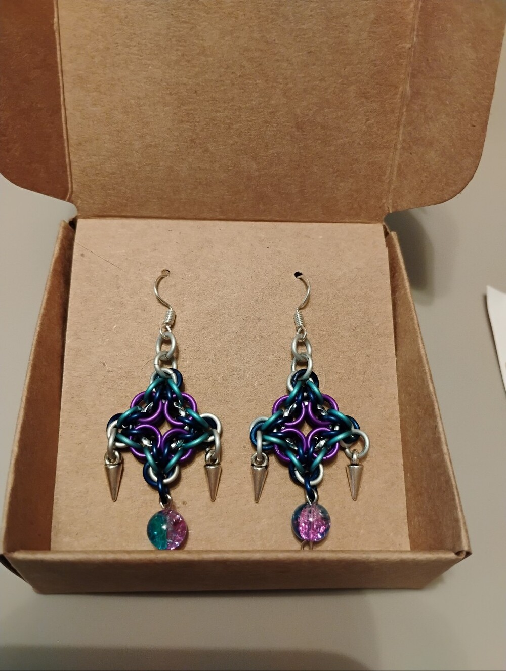 Chain mail Spiked Earrings with Glass Beads